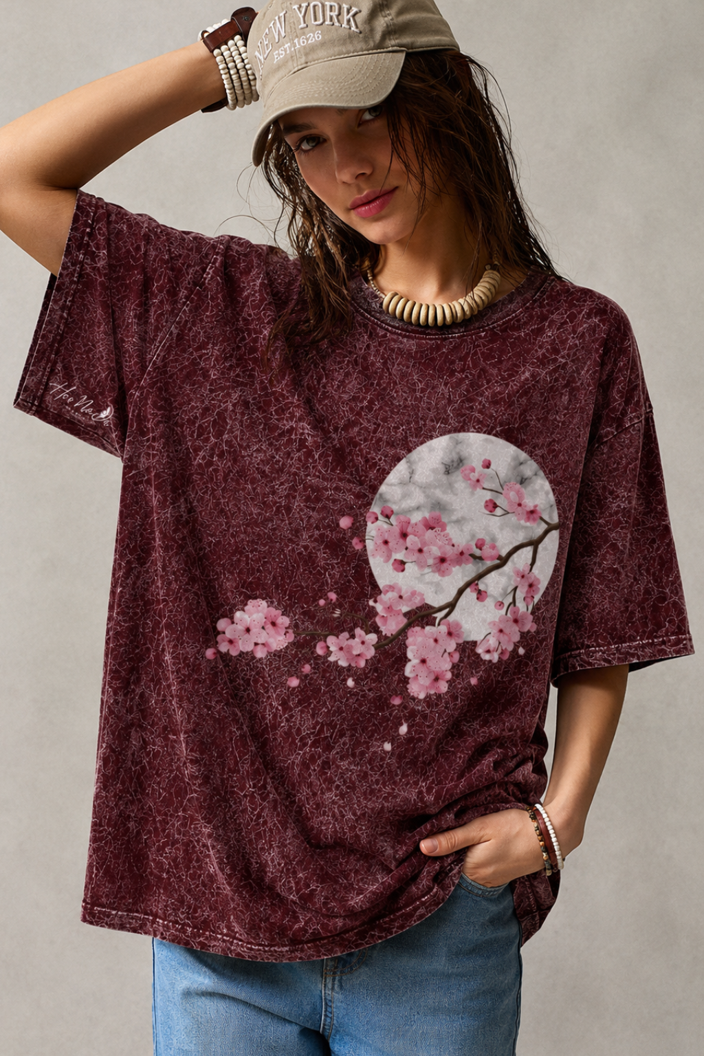 CHERRY BLOSSOM ECLIPSE ACID WASH TEE - MAROON