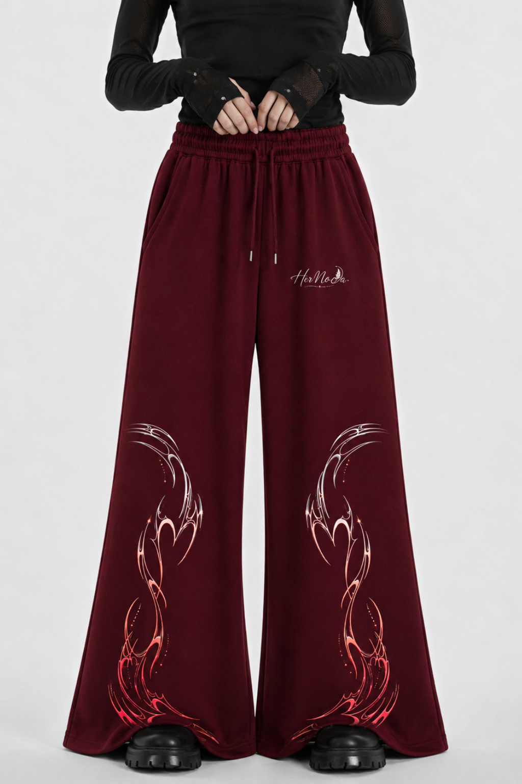 PINK ABSTRACT FLARE HEM TROUSER - MAROON