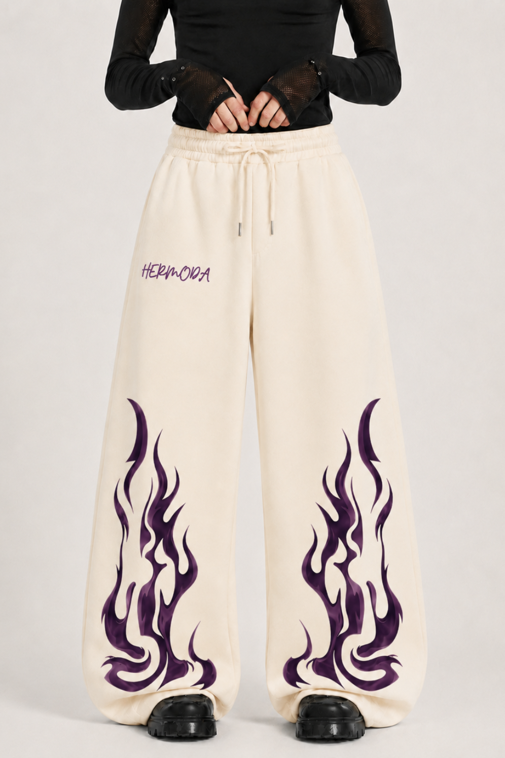 DARK VIOLET FLAMES BAGGY TROUSER - CREAM